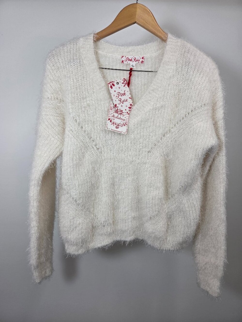 Pink Rose Sweater Women’s Small Winter White Fuzzy Eyelash Knit V-Neck Pullover